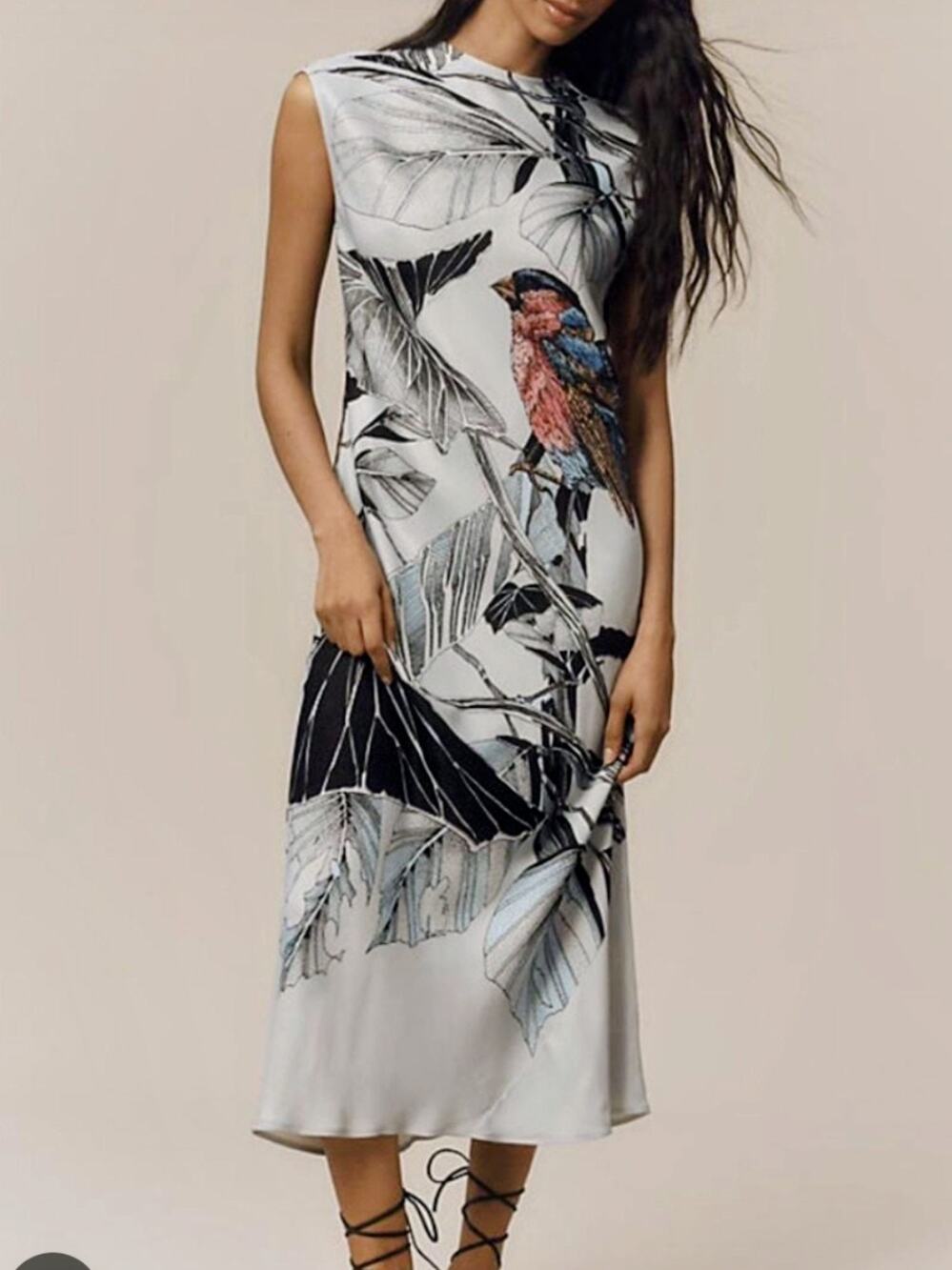 Maeve Anthropologie Bird Tropical Print Mock Neck Midi Slip Dress NWT Size S
